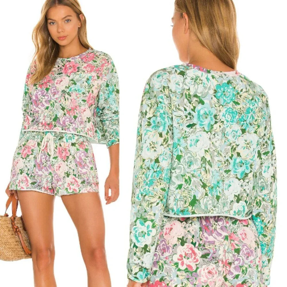 Beach Riot Elyse Sweatshirt Green and Pink Floral Print Cropped Top 33255